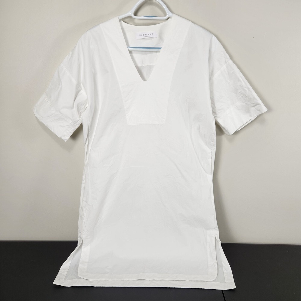 Everlane Womens White Cotton Poplin V-Neck‎ Tunic Dress Sz00 Knee Length